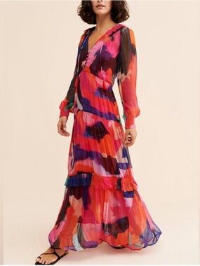 Anthropologie The Marais Printed Tiered Maxi Dress New Size Small Pink Abstract